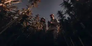 Agricultural workers inspecting mature cannabis plants in a large outdoor field.