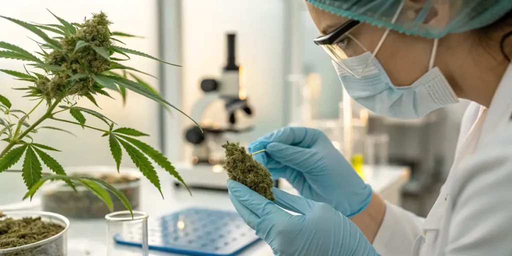 Scientist analyzing cannabis flower with tweezers in a laboratory environment.