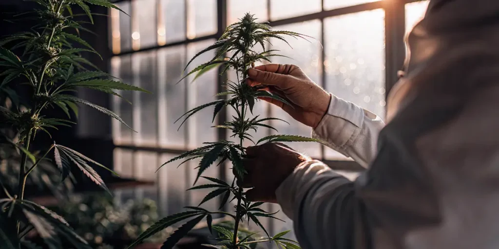 Researcher inspecting a flowering cannabis plant inside a greenhouse facility.