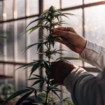 Researcher inspecting a flowering cannabis plant inside a greenhouse facility.