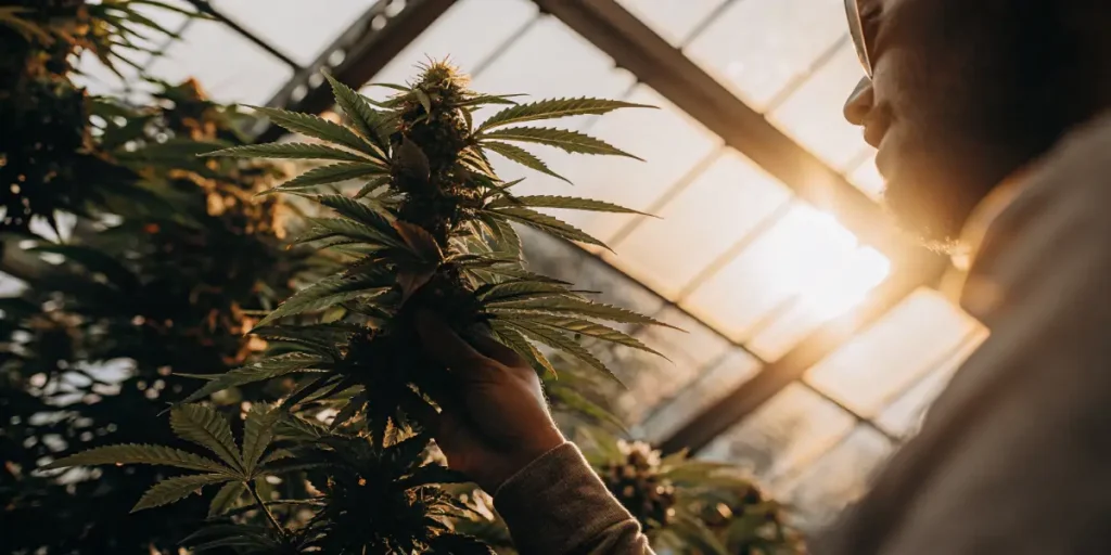 Grower checking cannabis plant health and flower development in greenhouse.