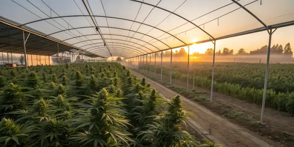 Cali Dream cannabis buds with vibrant green and orange pistils, set against a sunny background with.