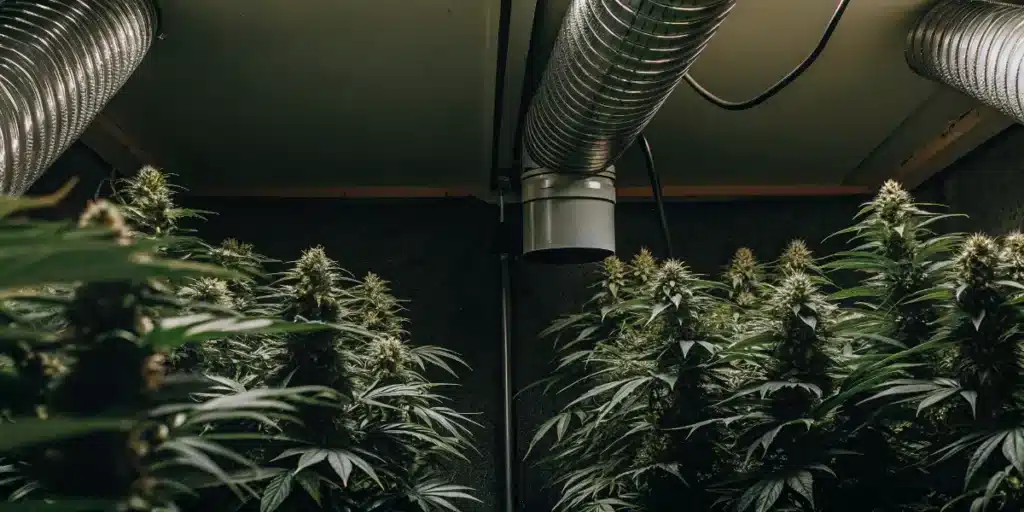 Cannabis grow room with air circulation ducts and dense flowering cannabis plants in controlled environment.