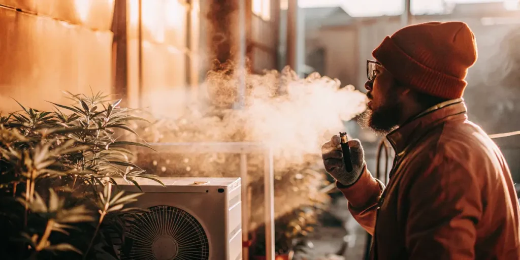 Man exhaling vapor inside an indoor cannabis cultivation facility with ventilation and climate control systems.
