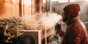 Man exhaling vapor inside an indoor cannabis cultivation facility with ventilation and climate control systems.