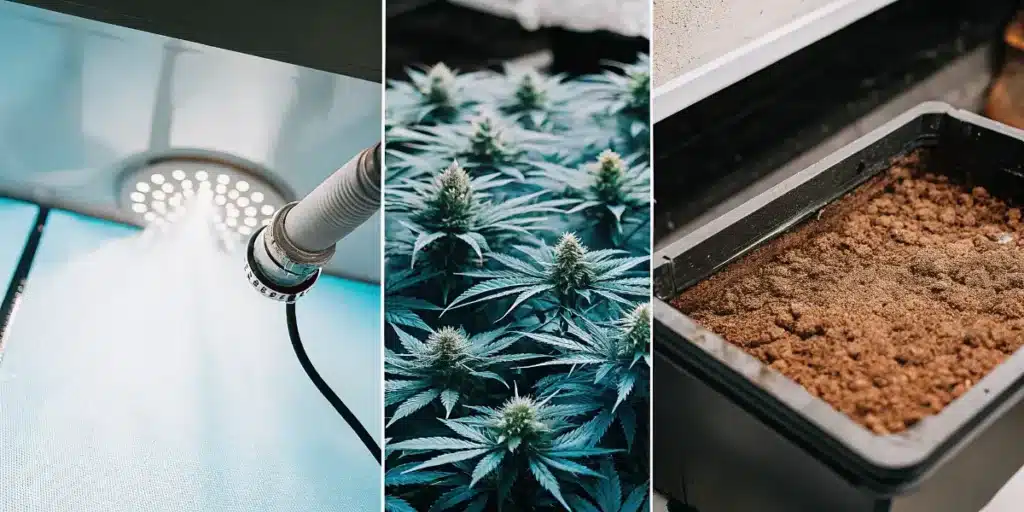 Collage showing cannabis plants, indoor grow lighting, and soil substrate used in cultivation systems.