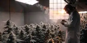 Cannabis grower inspecting flowering marijuana plants inside a professional indoor cultivation room with controlled lighting.