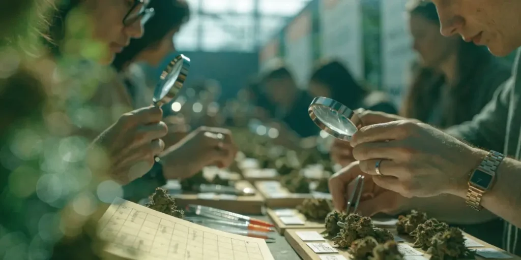 Cannabis judges examining competition flower samples with magnifying glasses at a cannabis cup.