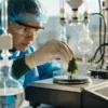 Laboratory technician weighing cannabis sample on precision scale with scientific equipment.