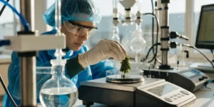 Laboratory technician weighing cannabis sample on precision scale with scientific equipment.