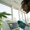 Laboratory technician analyzing a cannabis plant in a modern scientific research facility.