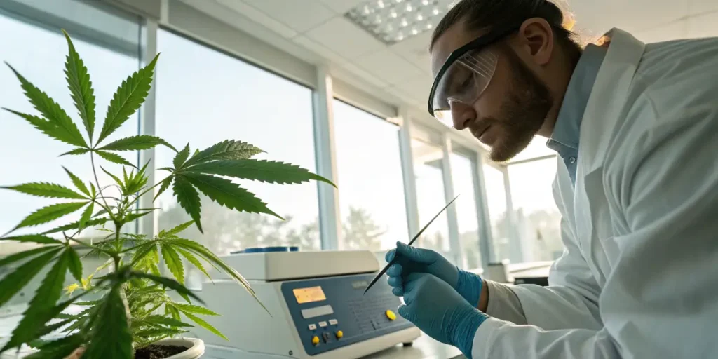Laboratory technician analyzing a cannabis plant in a modern scientific research facility.