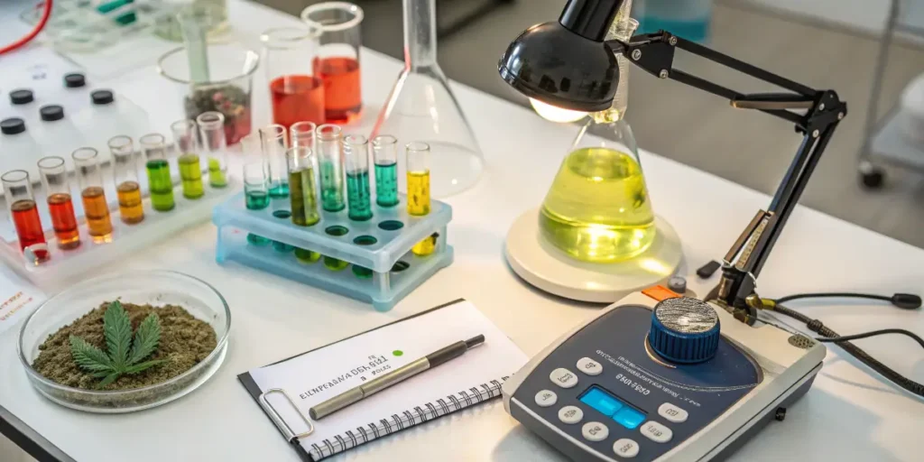 Cannabis laboratory workbench with chemical samples, test tubes, and marijuana analysis equipment.