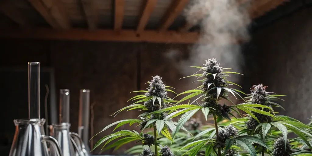 Cannabis plants in a laboratory-style grow room with vapor and glass equipment in the foreground.