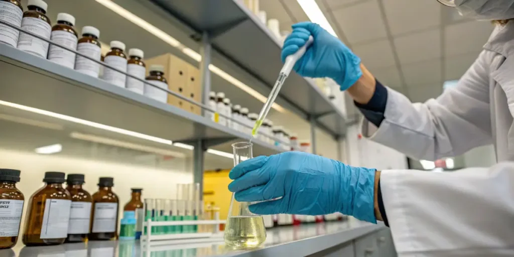 Scientist using pipette to analyze cannabis extract in laboratory flask.