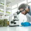 Laboratory technician analyzing cannabis samples with a microscope in a modern testing lab.