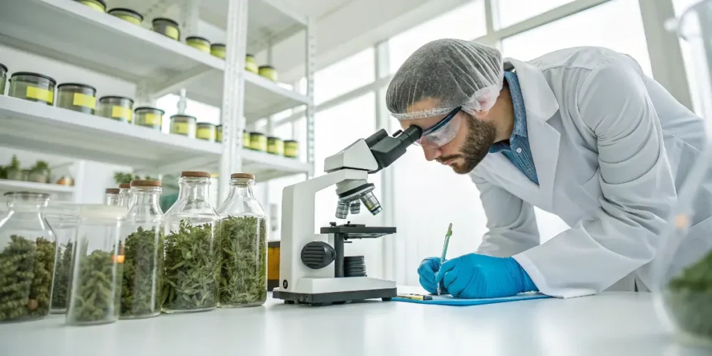 Laboratory technician analyzing cannabis samples with a microscope in a modern testing lab.