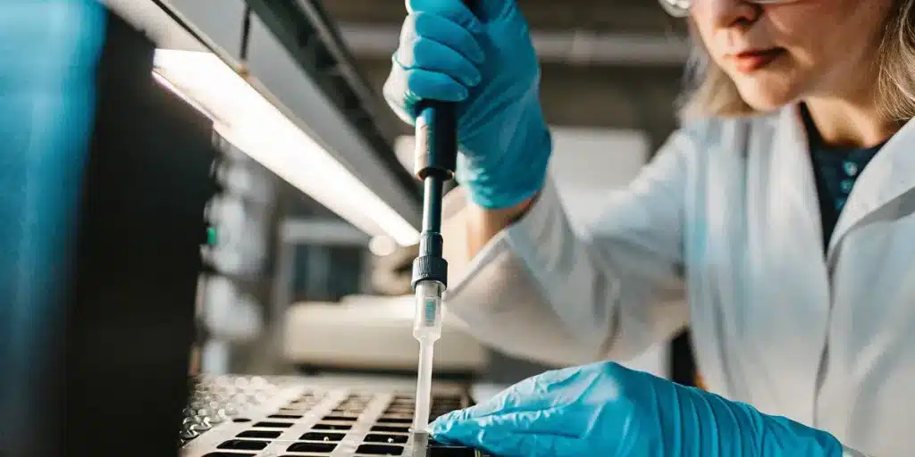 Researcher handling pipette during cannabis laboratory sample analysis.