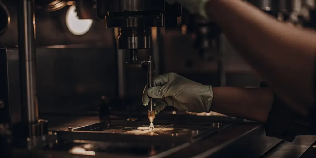 Scientist operating precision laboratory machine for cannabis sample analysis.