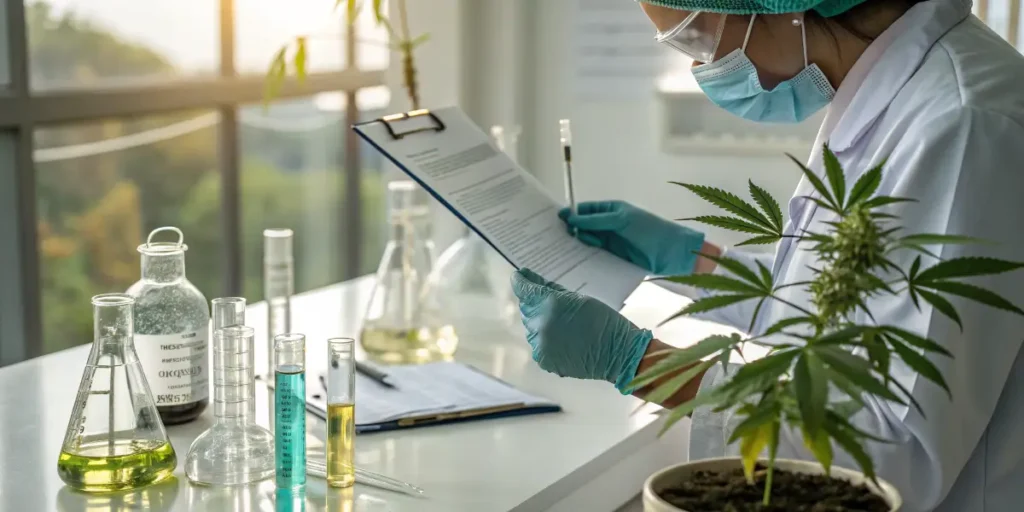 Scientist reviewing cannabis laboratory quality control documents beside cannabis plant.
