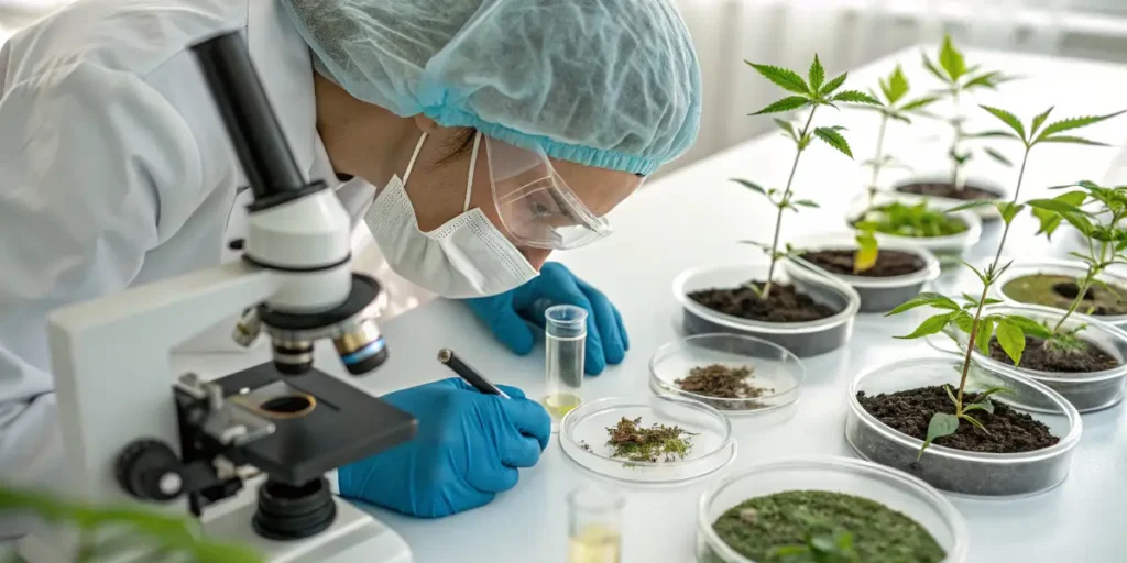Scientist analyzing cannabis plant samples and soil in a sterile laboratory.