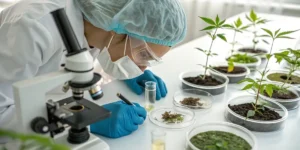 Scientist analyzing cannabis plant samples and soil in a sterile laboratory.