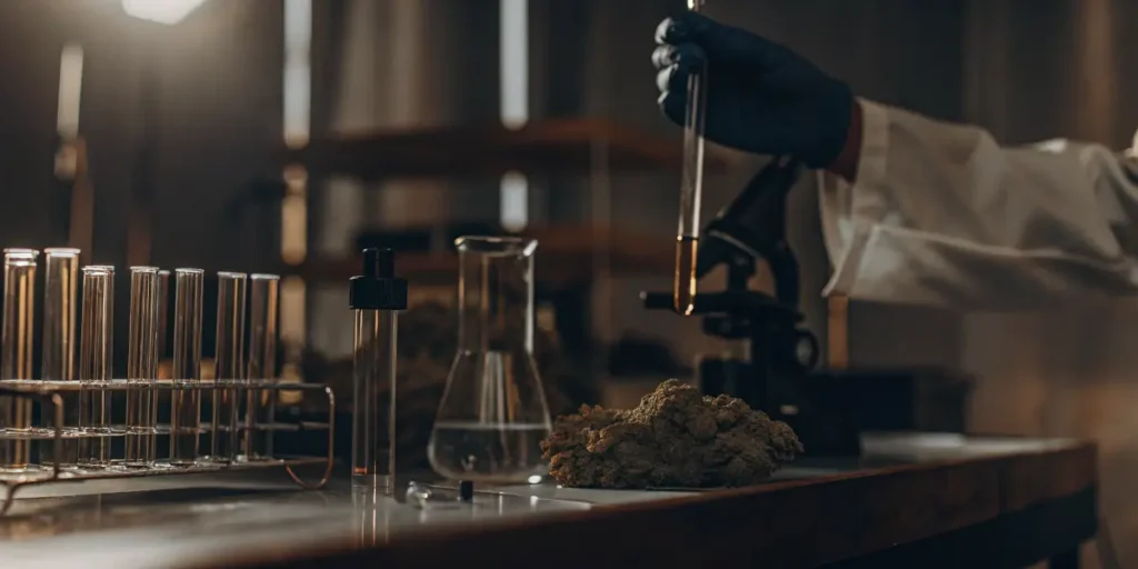 Laboratory technician handling cannabis extract samples with test tubes and microscope on a research workbench.