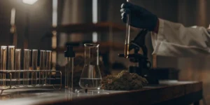 Laboratory technician handling cannabis extract samples with test tubes and microscope on a research workbench.