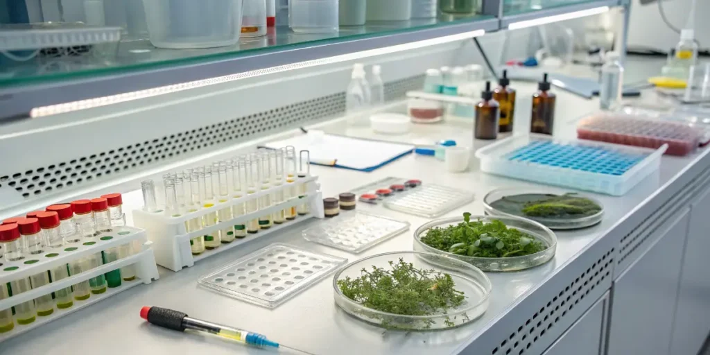 Laboratory workstation with cannabis plant samples, test tubes, and scientific analysis equipment.