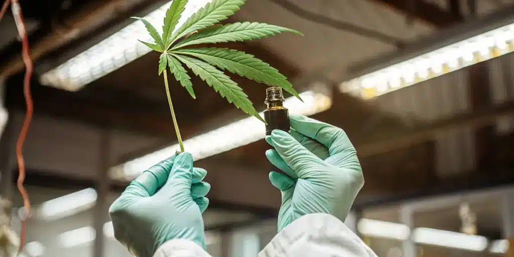Scientist holding cannabis leaf and CBD oil bottle in research laboratory.