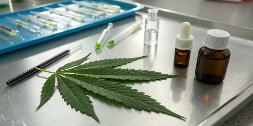 Cannabis leaf beside laboratory droppers and CBD oil bottles on stainless steel table.