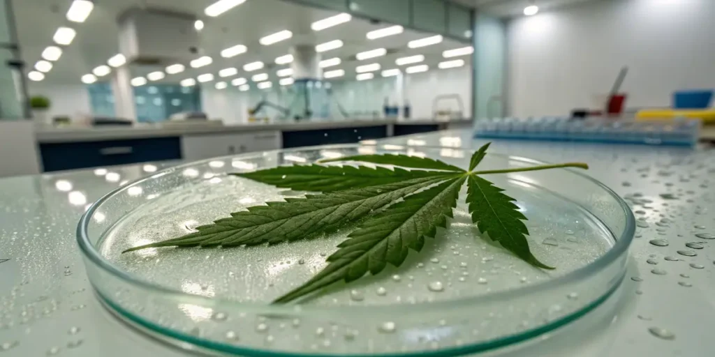 Cannabis leaf placed in petri dish inside modern scientific laboratory.