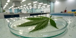 Cannabis leaf placed in petri dish inside modern scientific laboratory.