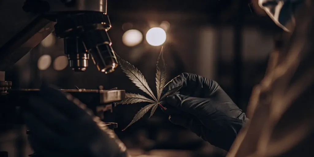 Researcher holding cannabis leaf beside microscope during laboratory analysis.