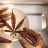 Scientist holding cannabis leaf inside petri dish during laboratory plant analysis.