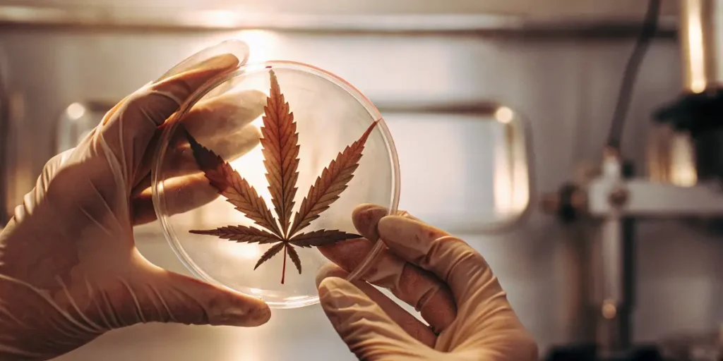 Scientist holding cannabis leaf inside petri dish during laboratory plant analysis.
