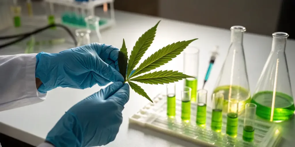 Gloved hands holding cannabis leaf for laboratory testing with test tubes in background.