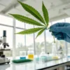 Scientist holding cannabis leaf inside modern botanical research laboratory.