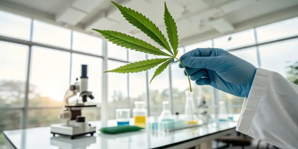 Scientist holding cannabis leaf inside modern botanical research laboratory.