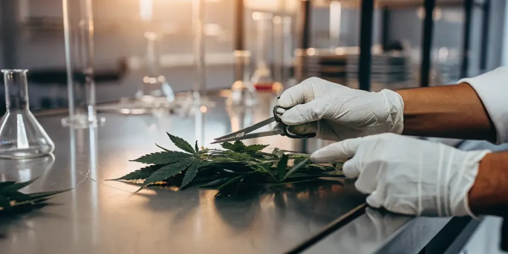 Gloved technician trimming cannabis leaves with scissors on a laboratory bench.