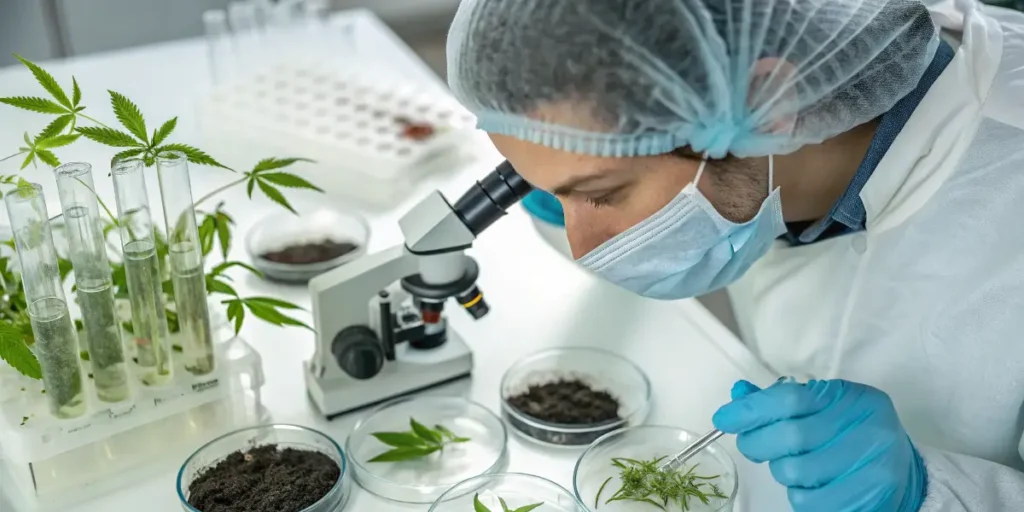 Researcher studying cannabis specimens with a microscope in a modern lab.