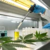 Laboratory technician pipetting cannabis oil sample for scientific analysis.