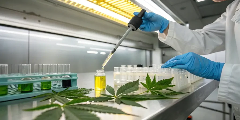 Laboratory technician pipetting cannabis oil sample for scientific analysis.