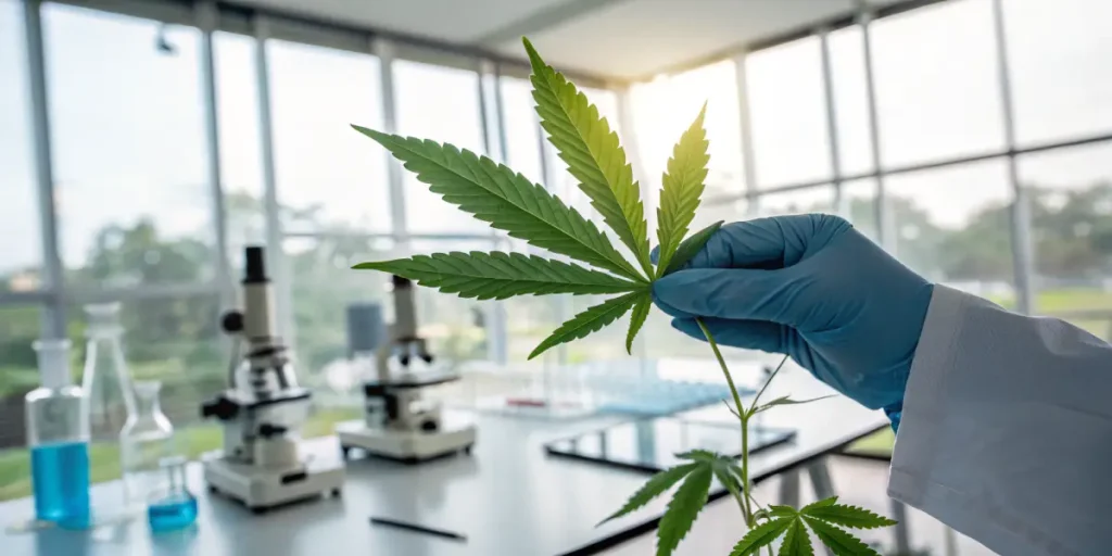 Gloved researcher examining cannabis plant leaf in scientific laboratory.