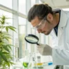 Scientist inspecting cannabis plant with magnifying glass in laboratory.