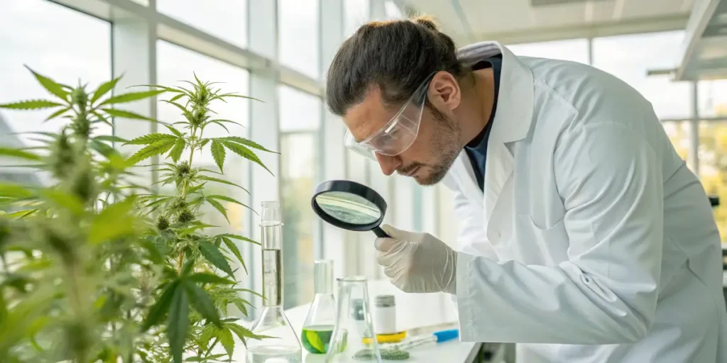 Scientist inspecting cannabis plant with magnifying glass in laboratory.