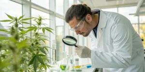 Scientist inspecting cannabis plant with magnifying glass in laboratory.