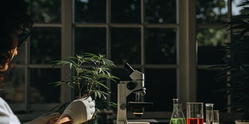 Scientist examining a cannabis plant beside a microscope in a dark laboratory setting.
