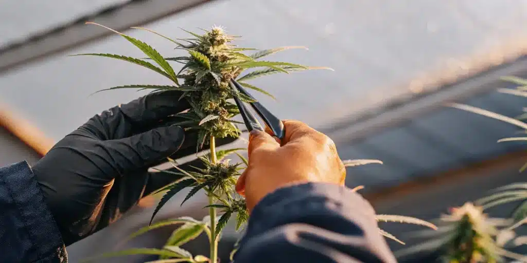 Grower trimming cannabis plant with scissors inside commercial greenhouse.