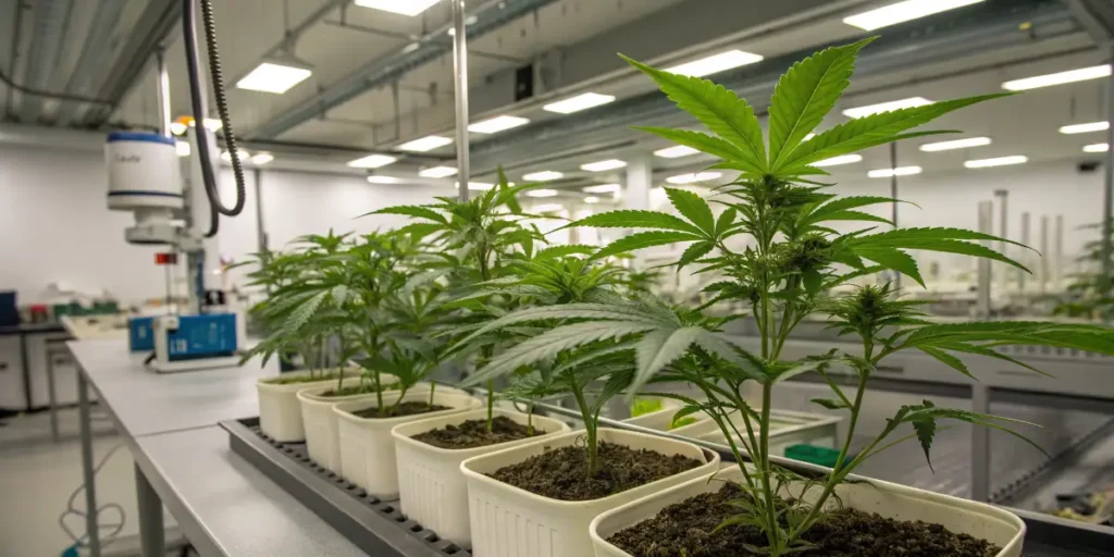 Young cannabis plants growing in a modern indoor cultivation facility with advanced lighting systems.